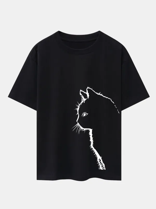 Cat Silhouette Print Drop Shoulder Oversize T-Shirt sold by Hoooyi