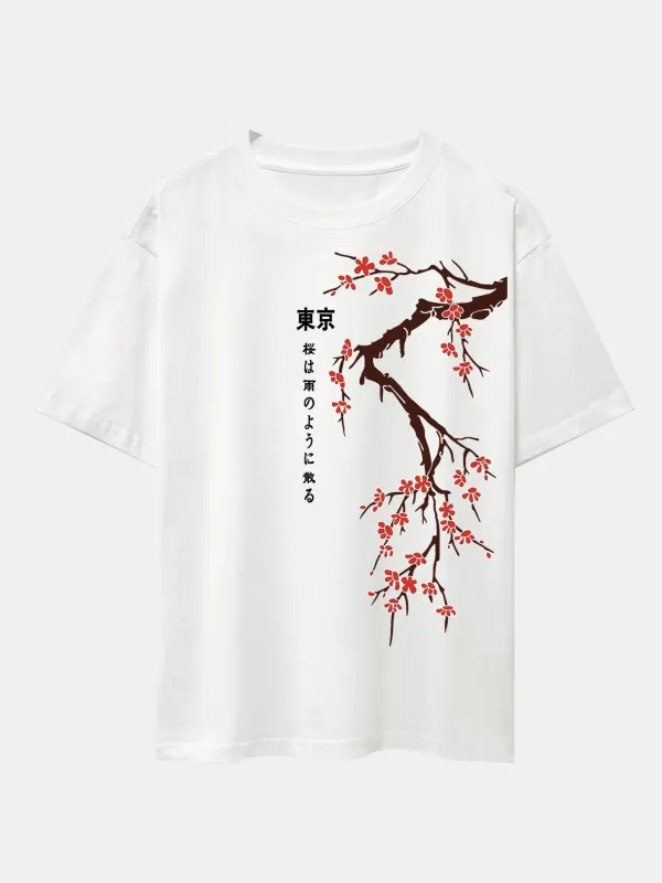 Tokyo Japanese Cherry Blossoms Print Drop Shoulder Oversize T-Shirt sold by Hoooyi