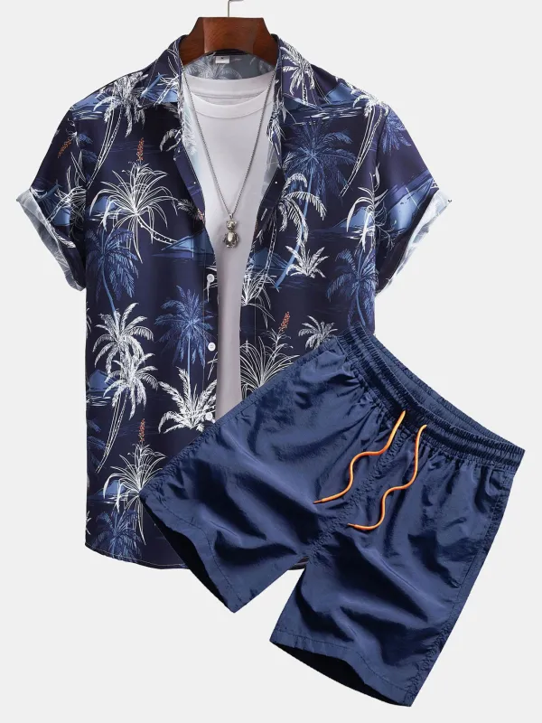 Palm Tree Print Button Up Shirt & Swim Shorts sold by Hoooyi