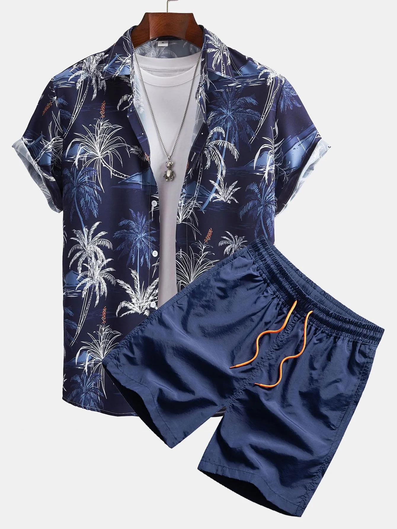 Palm Tree Print Button Up Shirt & Swim Shorts sold by Hoooyi