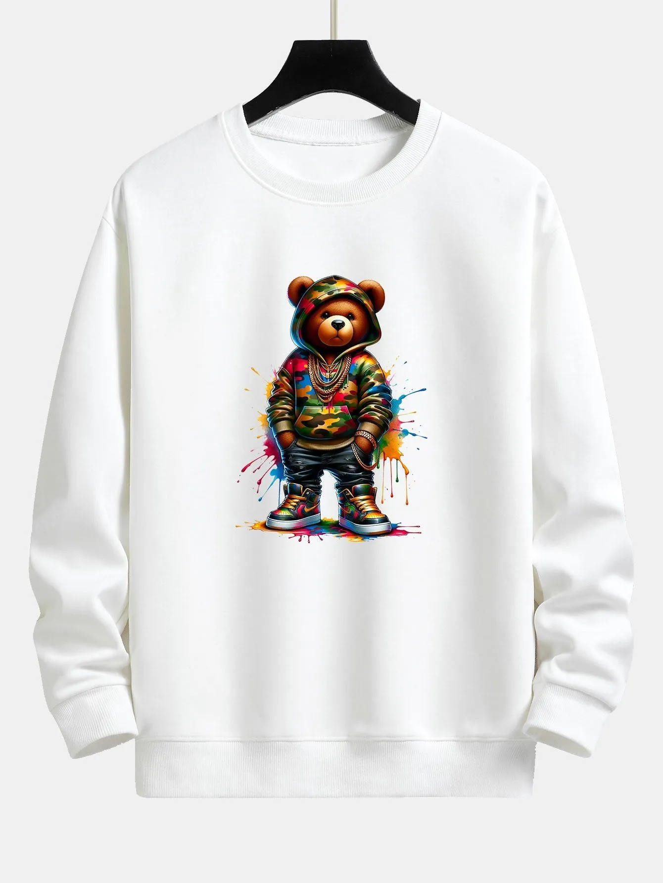 Color Splash Ink Camouflage Bear Print Relax Fit Sweatshirt sold by Hoooyi