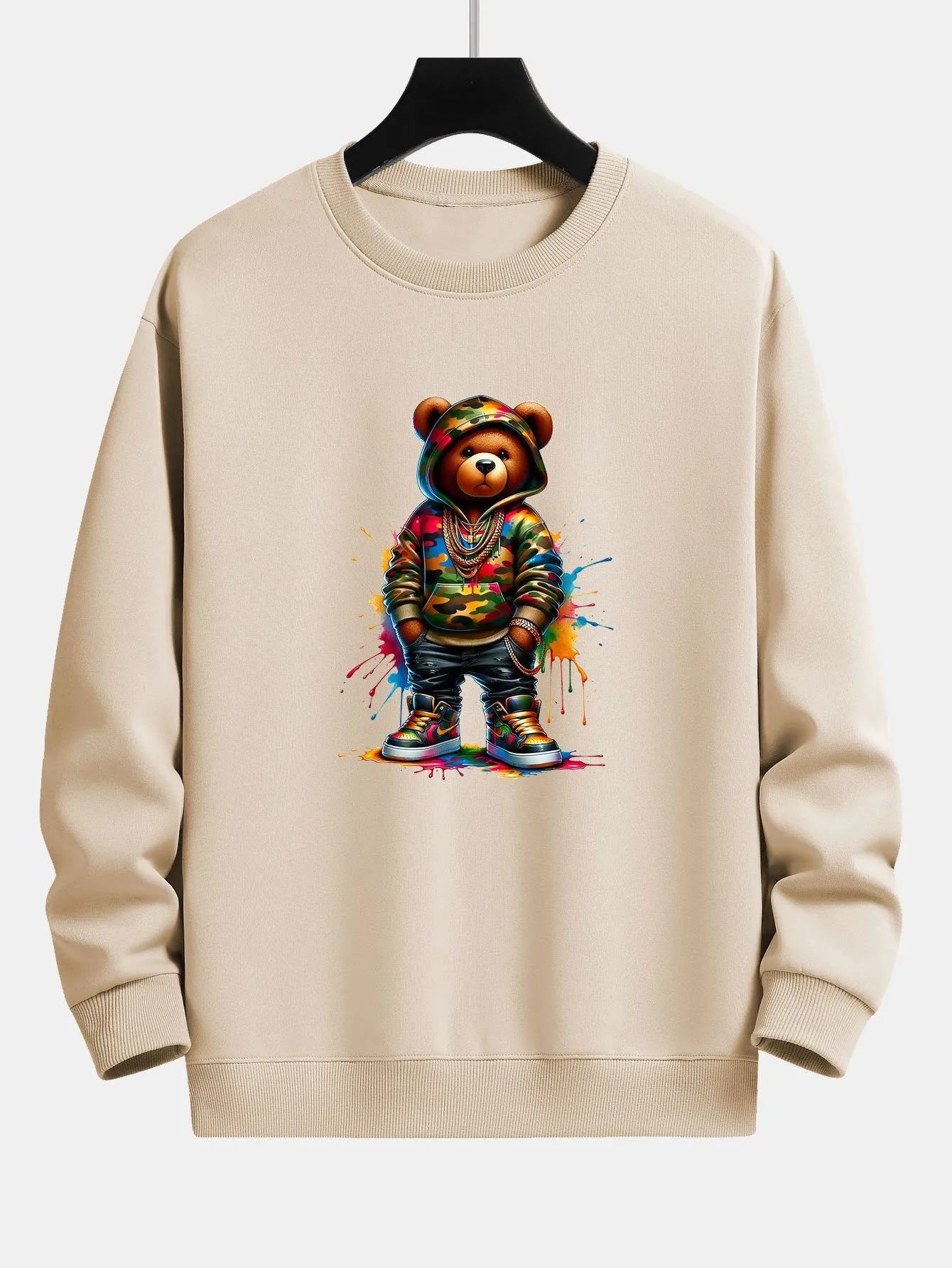 Color Splash Ink Camouflage Bear Print Relax Fit Sweatshirt sold by Hoooyi product image thumbnail 3