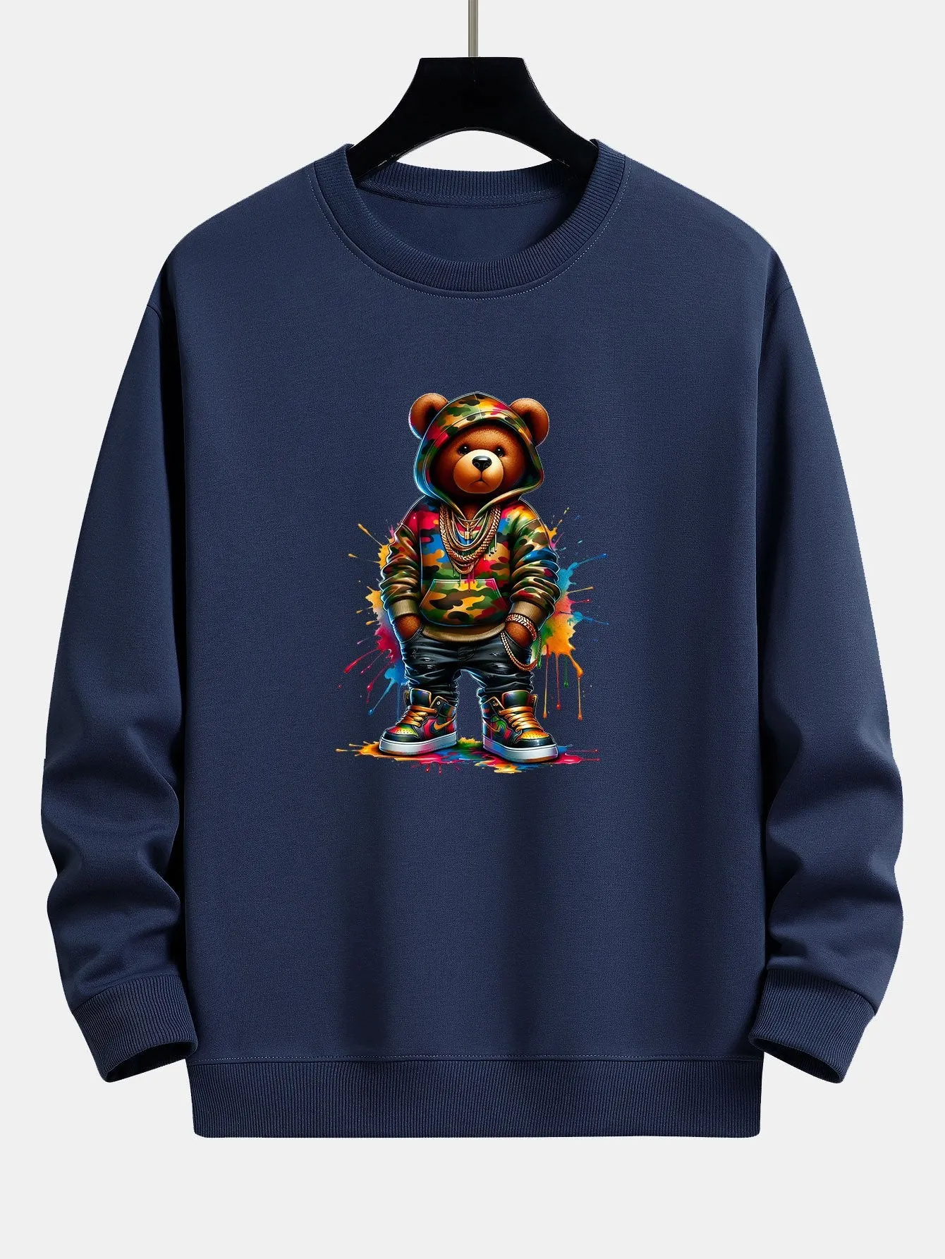 Color Splash Ink Camouflage Bear Print Relax Fit Sweatshirt sold by Hoooyi product image thumbnail 4