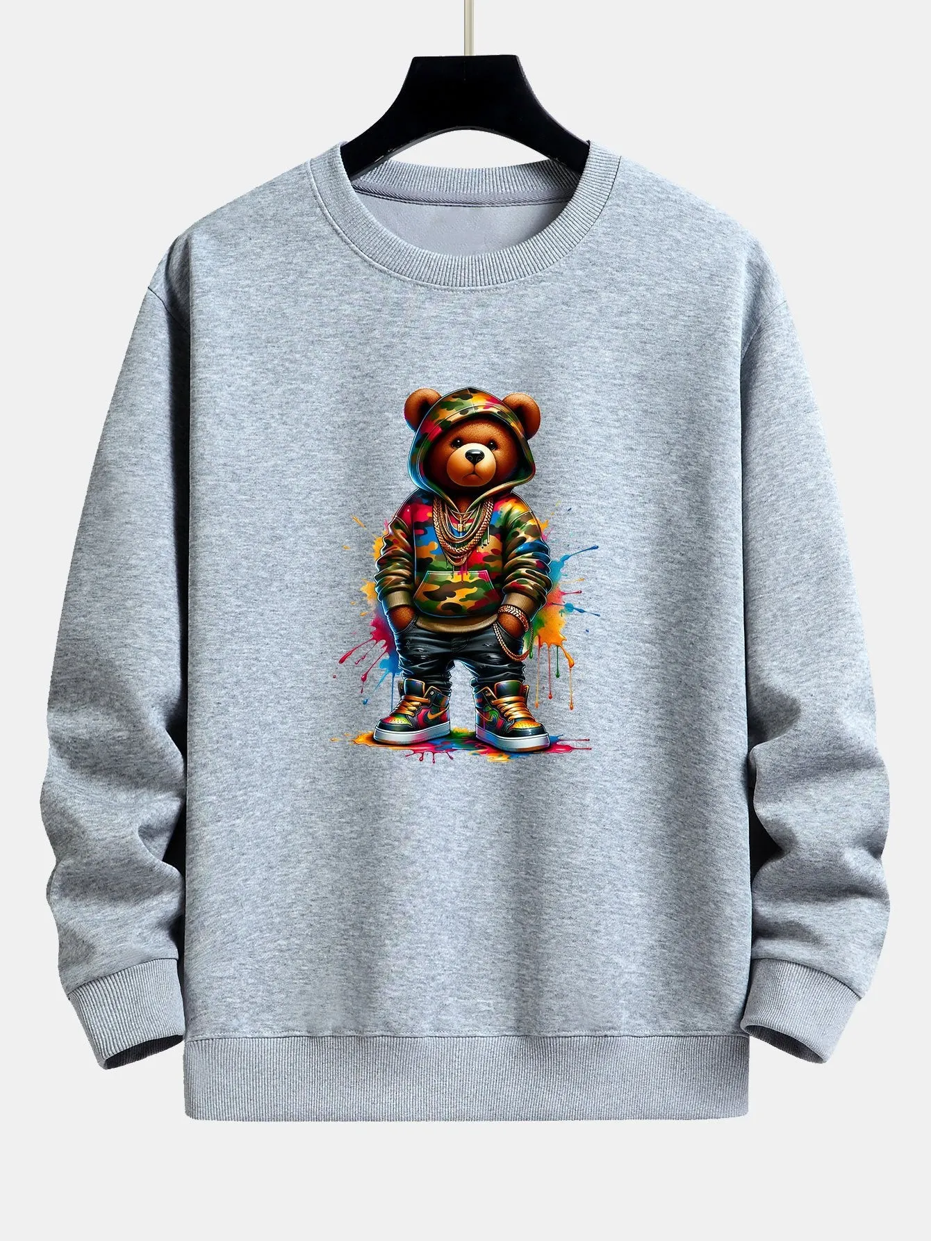 Color Splash Ink Camouflage Bear Print Relax Fit Sweatshirt sold by Hoooyi product image thumbnail 5