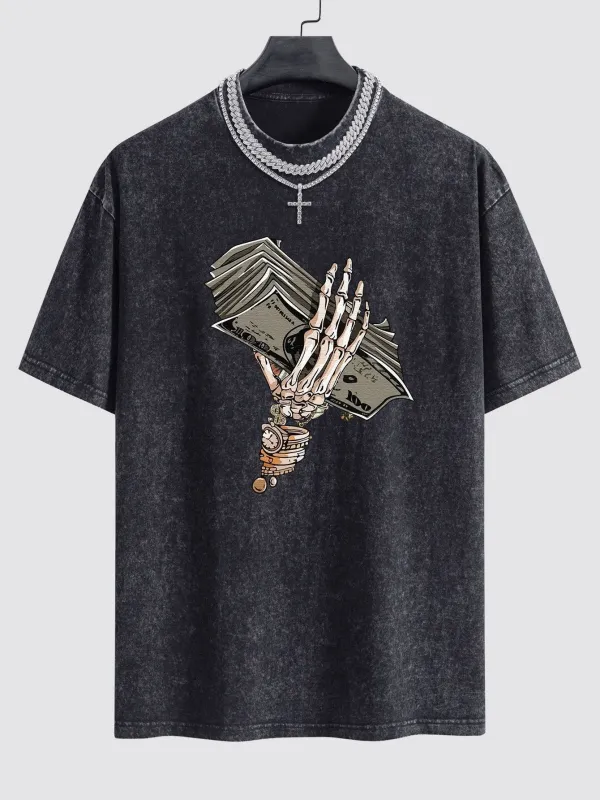 Skeleton Holding Cash Print Washed Drop Shoulder Oversize T-Shirt sold by Hoooyi