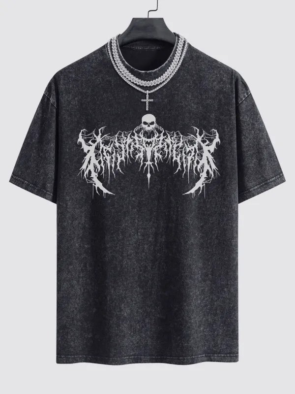 Goth Skull Print Washed Drop Shoulder Oversize T-Shirt sold by Hoooyi