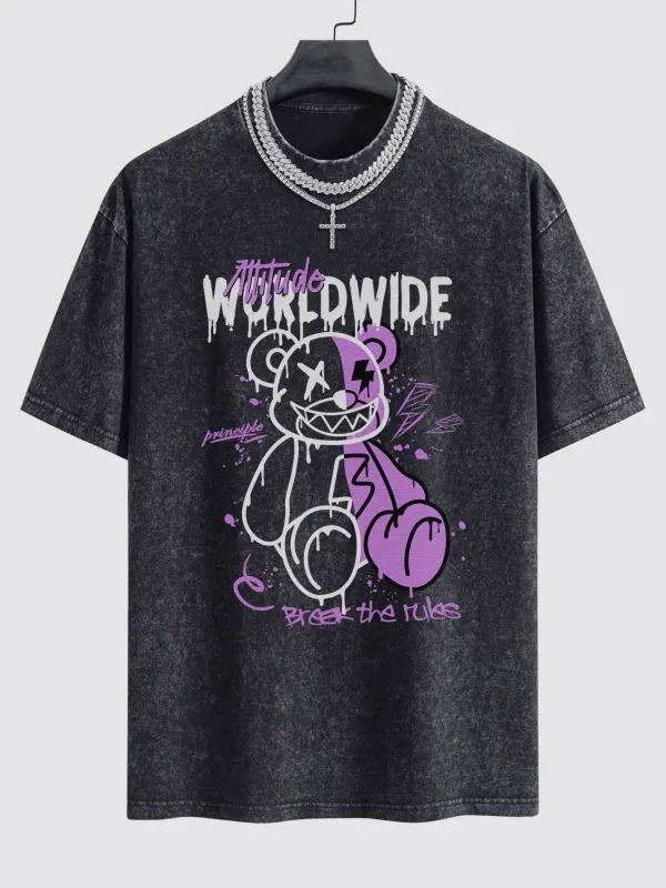 Dissolving Bear Print Washed Drop Shoulder Oversize T-Shirt sold by Hoooyi