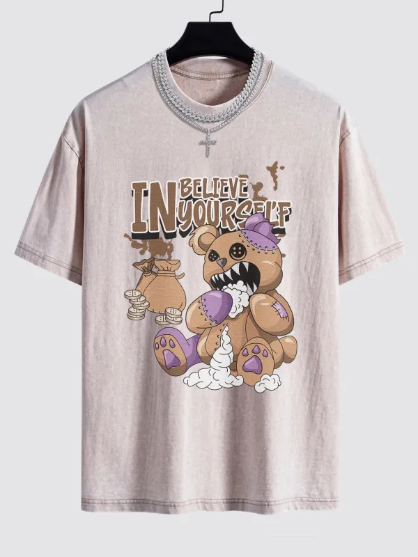 Violent Bear Slogan Print Washed Drop Shoulder Oversize T-Shirt made by Hoooyi