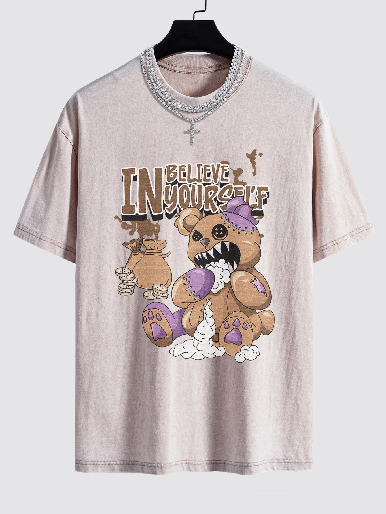 Violent Bear Slogan Print Washed Drop Shoulder Oversize T-Shirt sold by Hoooyi