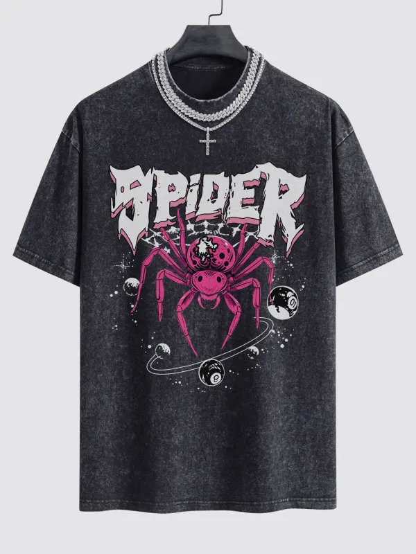 Spider Print Washed Drop Shoulder Oversize T-Shirt sold by Hoooyi