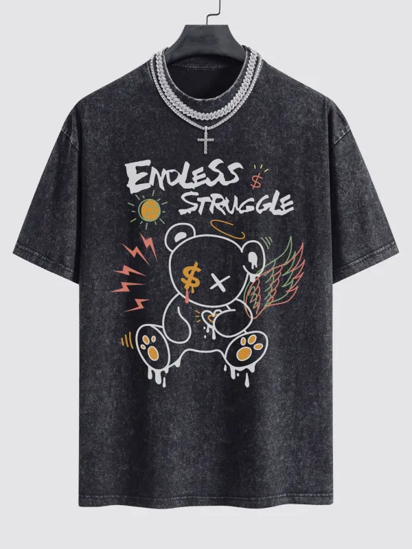 Graffiti Bear Print Washed Drop Shoulder Oversize T-Shirt sold by Hoooyi