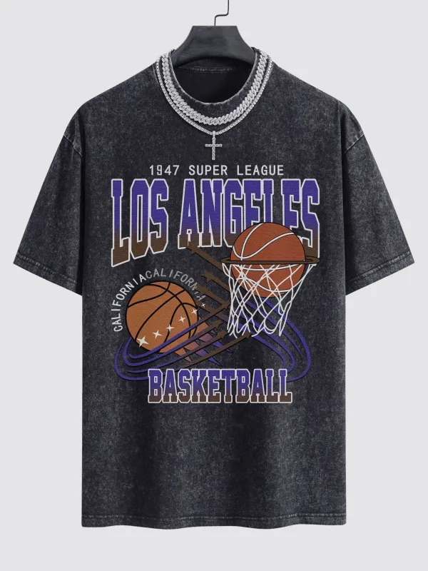 Los Angeles Basketball Print Washed Drop Shoulder Oversize T-Shirt made by Hoooyi