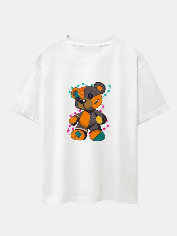 Tattered Bear Print Drop Shoulder Oversize T-Shirt sold by Hoooyi