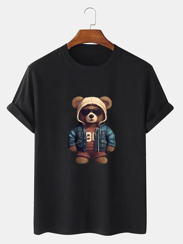 Bear In Leather Jacket Print T-Shirt sold by Hoooyi