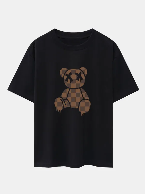 Checkerboard Dissolving Bear Drop Shoulder Oversize T-Shirt sold by Hoooyi
