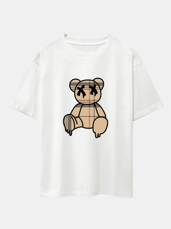 Plaid Pattern Dissolving Bear Print Heavy Weight Drop Shoulder Oversize T-Shirt sold by Hoooyi