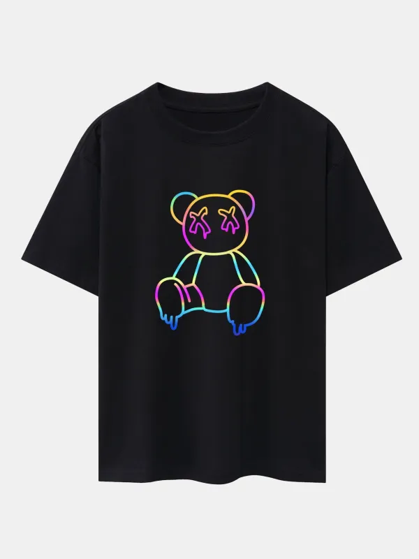 Gradient Dissolving Bear Print Drop Shoulder Oversize T-Shirt sold by Hoooyi