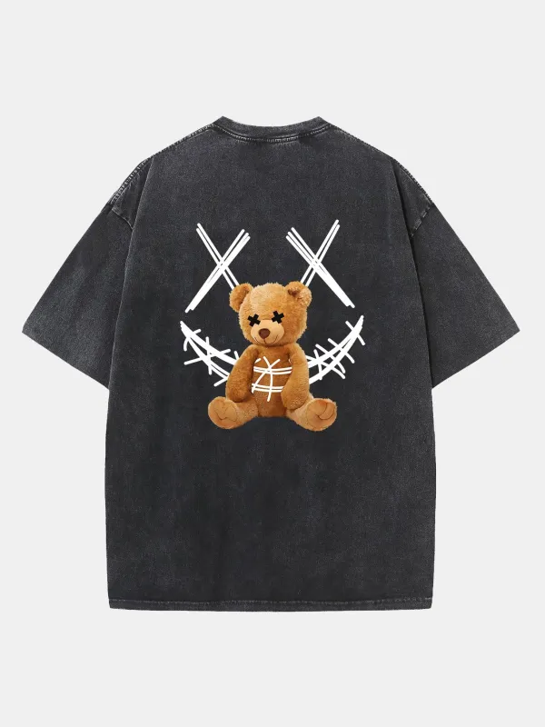 Smiley Bear Back Print Washed Distressed Drop Shoulder T-Shirt sold by Hoooyi