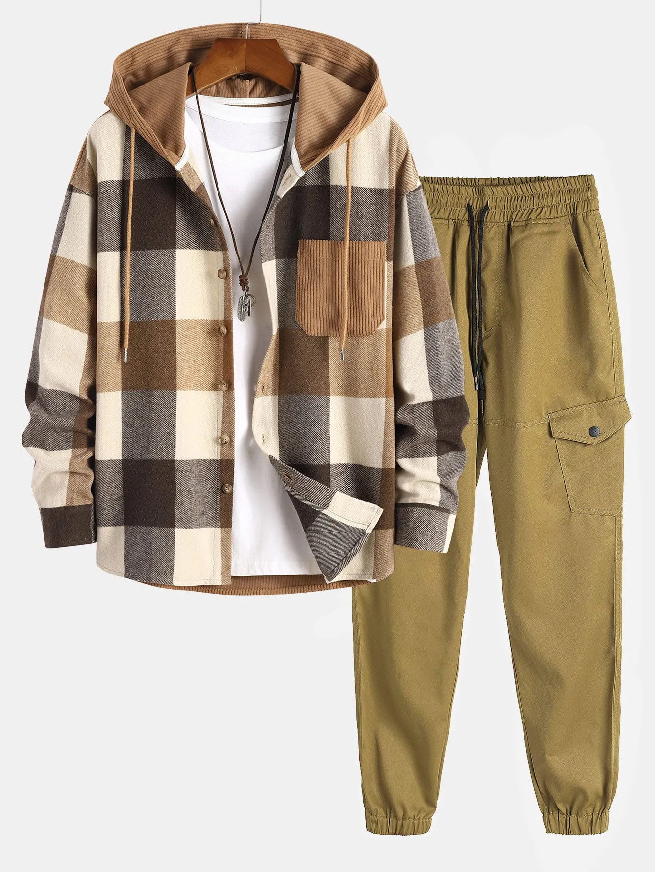 Relax Fit Flannel Plaid Corduroy Patchwork Hooded Shirt & Chino Cargo Jogger Pants sold by Hoooyi