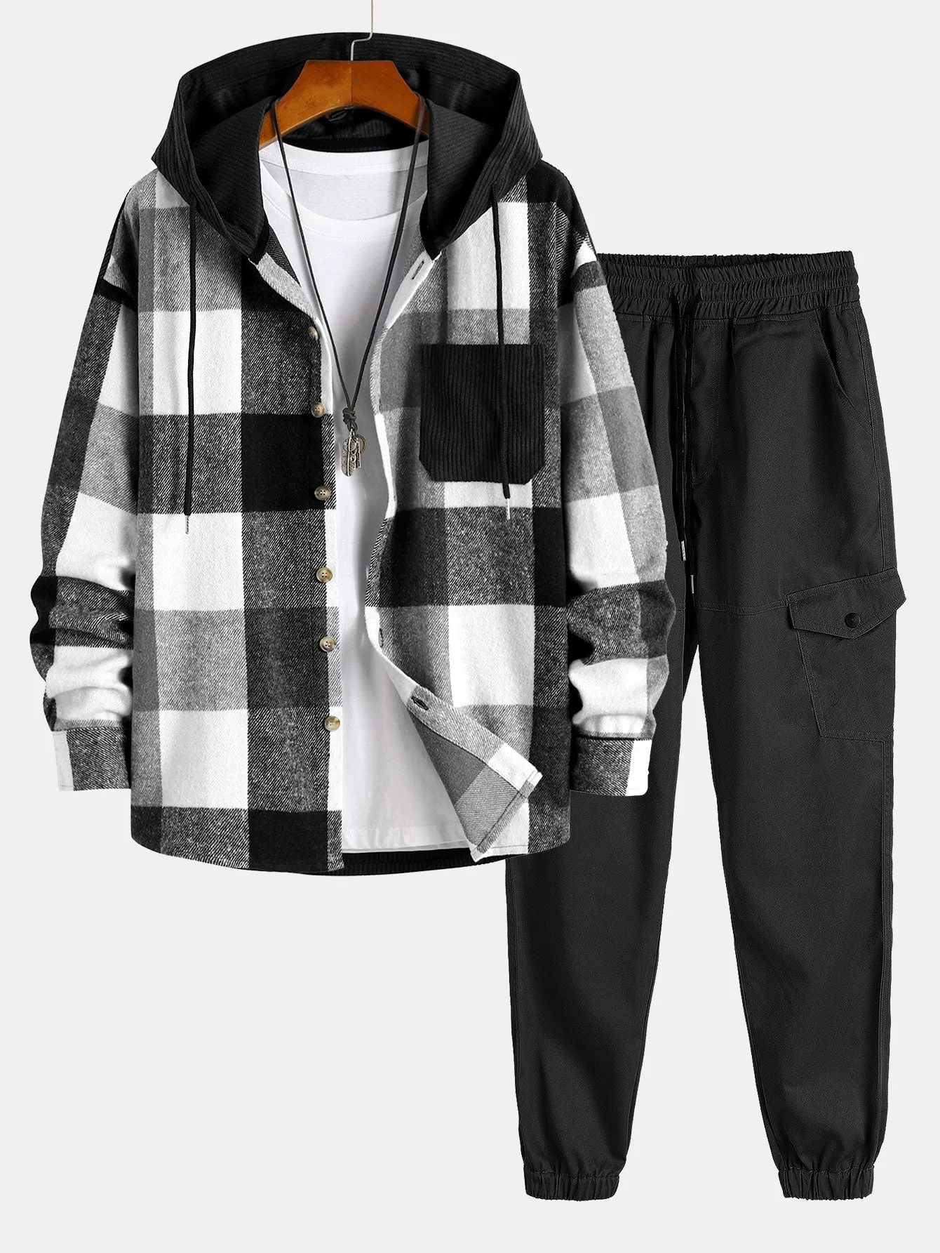 Relax Fit Flannel Plaid Corduroy Patchwork Hooded Shirt & Chino Cargo Jogger Pants sold by Hoooyi product image thumbnail 2
