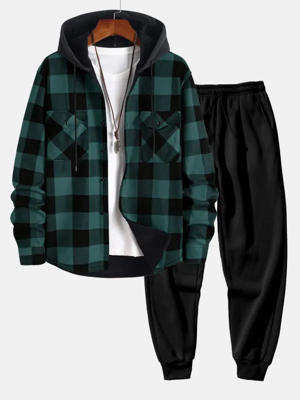 Flannel Fleece Lined Hooded Shirt & Jogger Pants sold by Hoooyi