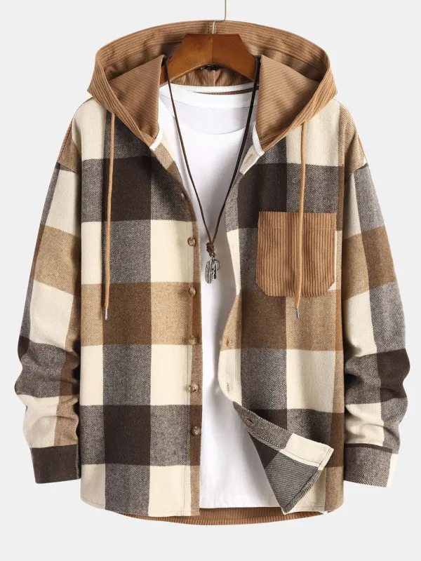 Relax Fit Flannel Plaid Corduroy Patchwork Hooded Shirt sold by Hoooyi
