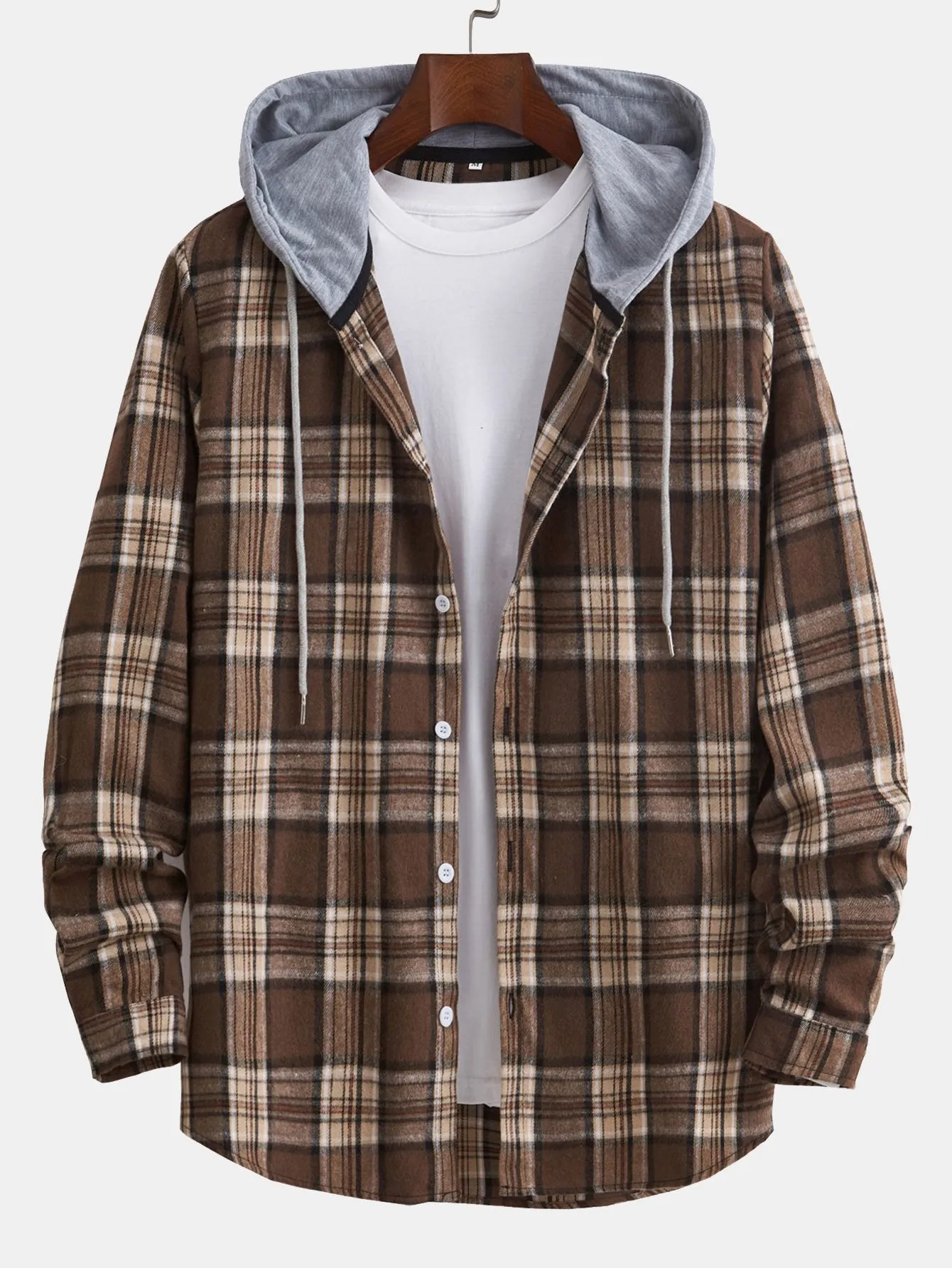 Hooded Button Up Plaid Shirt sold by Hoooyi