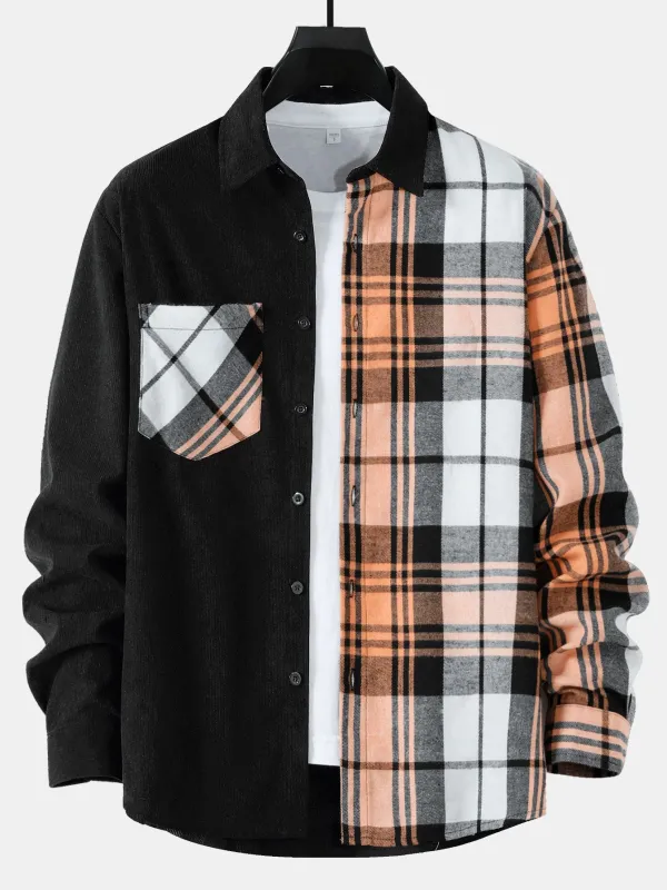 Long Sleeve Plaid Corduroy Patchwork Shirt sold by Hoooyi