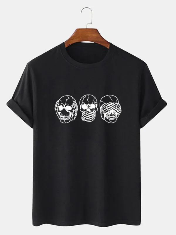 Three Wise Skulls Print T-Shirt sold by Hoooyi