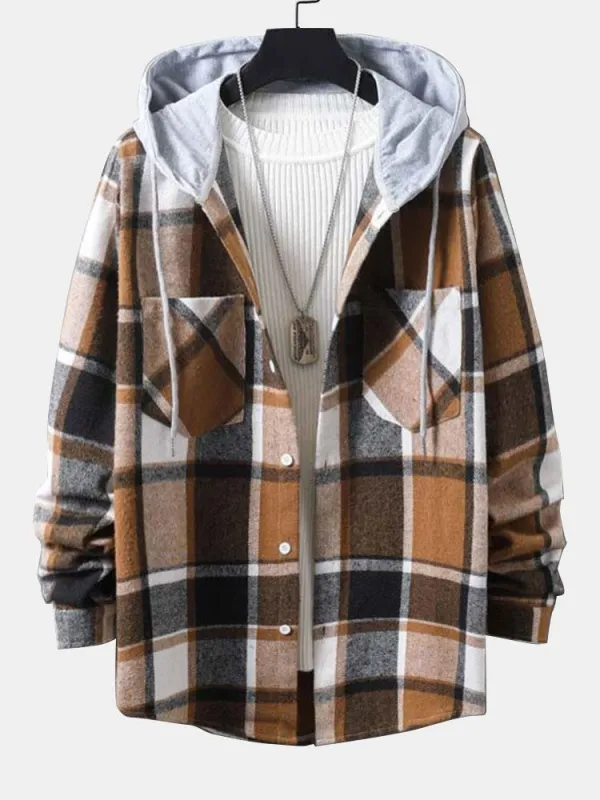Long Sleeve Hooded Flannel Plaid Overshirt sold by Hoooyi