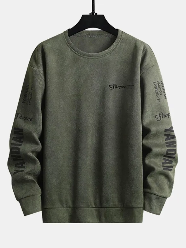 Letter Print Suede Crew Neck Sweatshirt made by Hoooyi