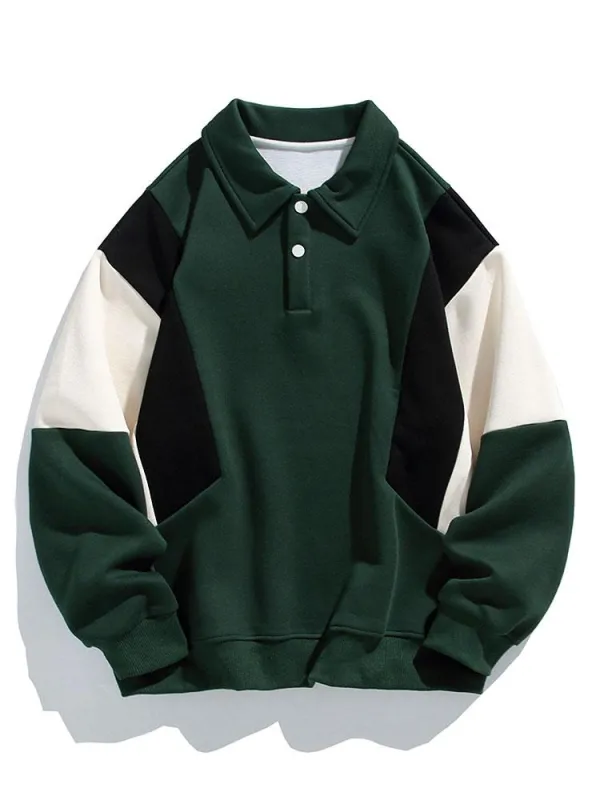 Relax Fit Color Block Polo Sweatshirt sold by Hoooyi
