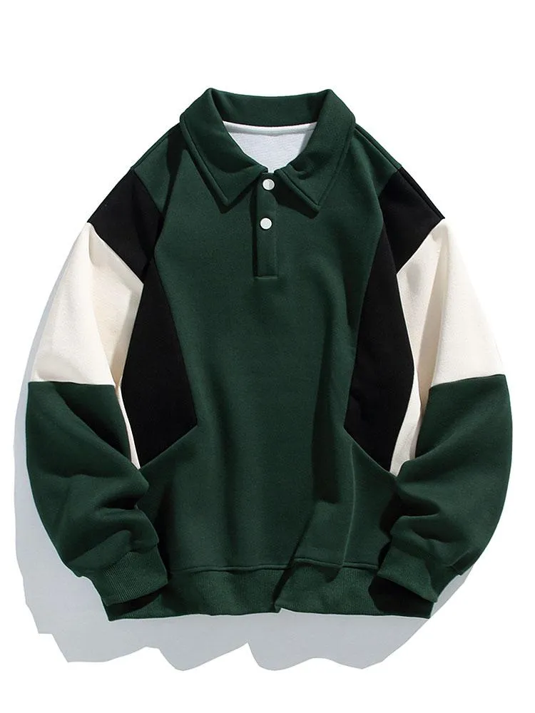 Relax Fit Color Block Polo Sweatshirt sold by Hoooyi