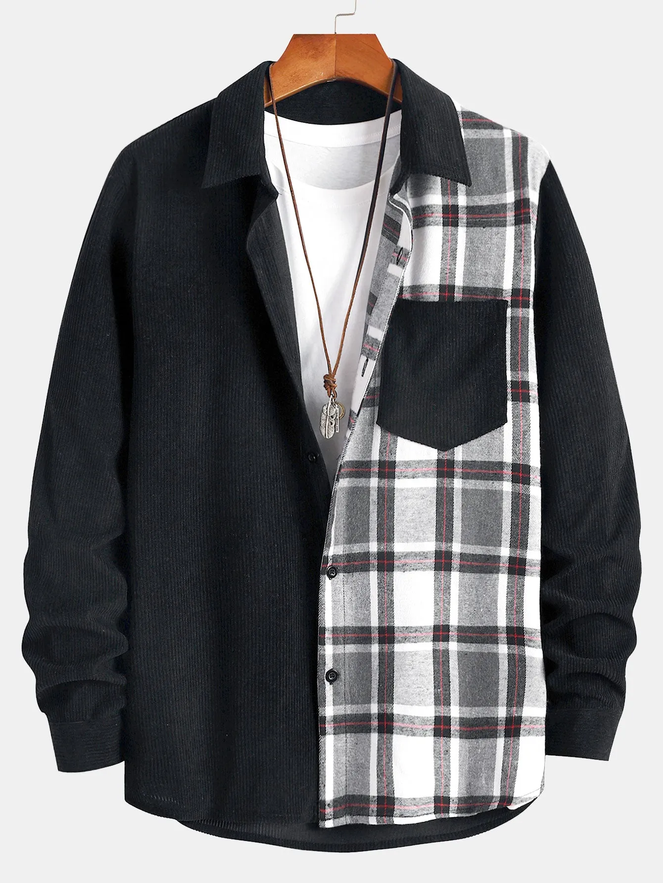 Corduroy Plaid Panel Shirt sold by Hoooyi product image thumbnail 3