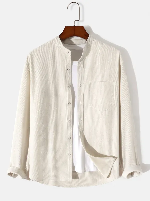 Long Sleeve Stand Collar Corduroy Shirt sold by Hoooyi