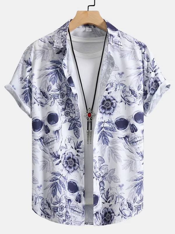 Skull Floral Print Button Up Shirt sold by Hoooyi
