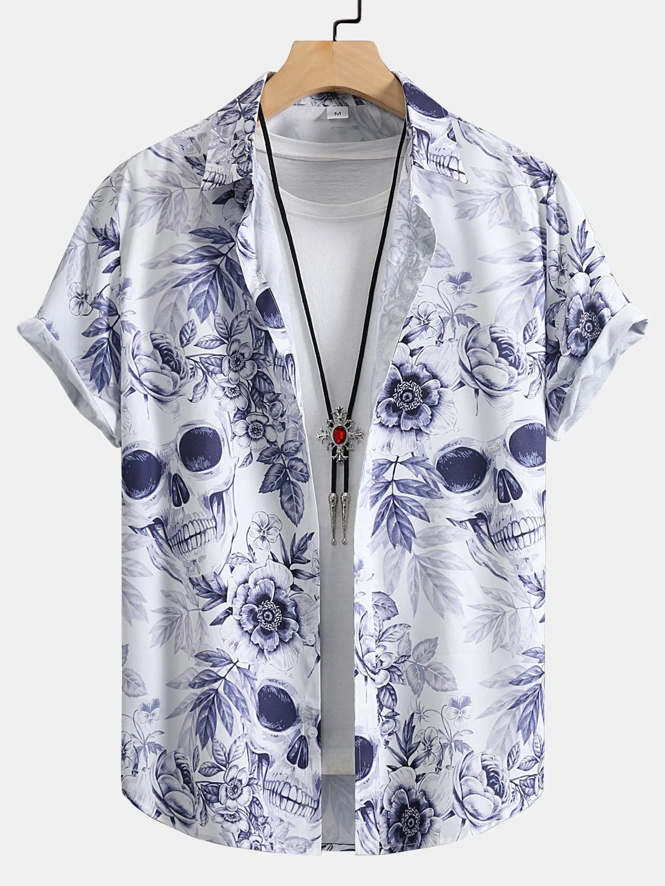 Skull Floral Print Button Up Shirt sold by Hoooyi