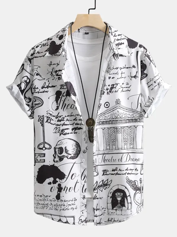 Skull Text Print Button Up Shirt sold by Hoooyi
