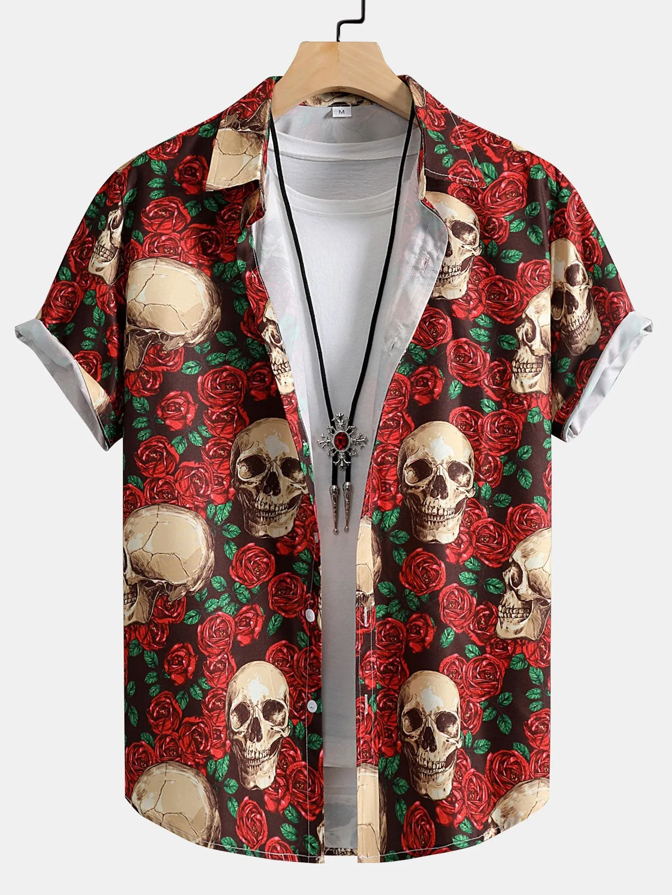 Skull Rose Print Button Up Shirt sold by Hoooyi