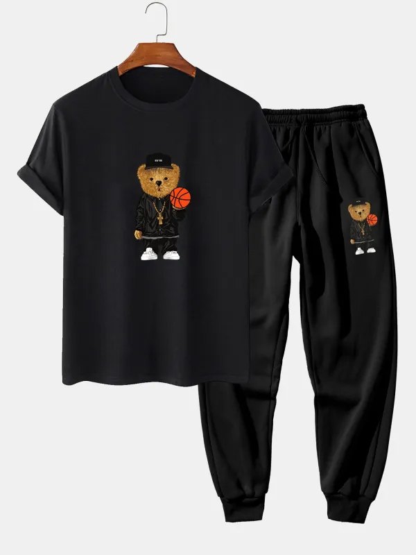 Basketball Bear Print T-Shirt & Jogger Pants sold by Hoooyi