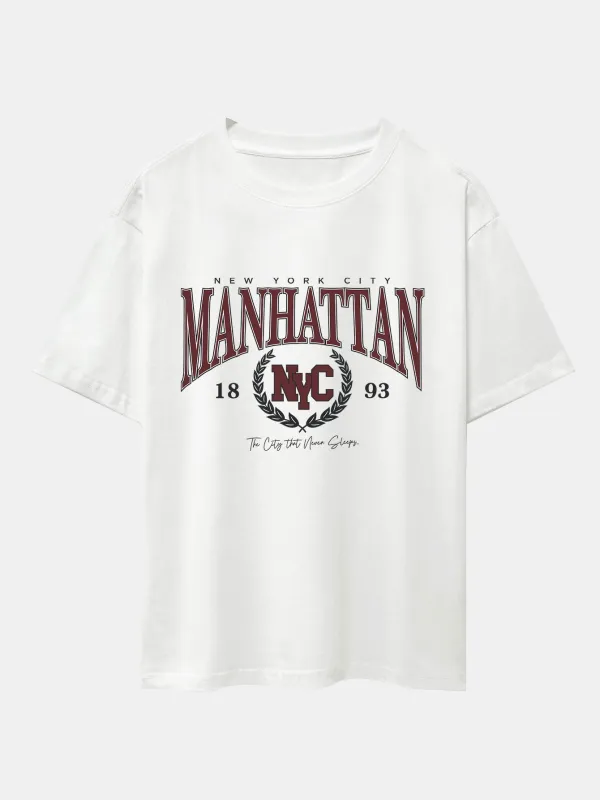 Manhattan Varsity Print Heavy Weight Oversize T-Shirt sold by Hoooyi