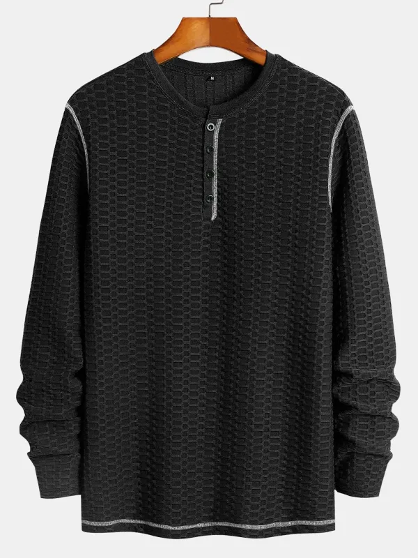 Long Sleeve Muscle Fit Knitted Textured Henley Shirt sold by Hoooyi