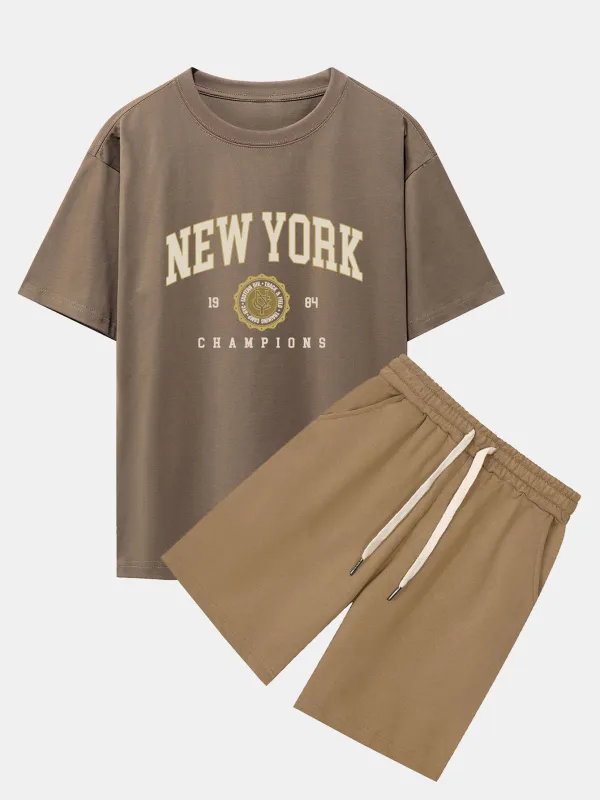 New York Varsity Print Heavy Weight Oversize T-Shirt & Jersey Shorts made by Hoooyi
