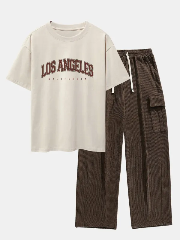 Los Angeles Print Heavy Weight Oversize T-Shirt & Loose Fit Corduroy Cargo Pants sold by Hoooyi