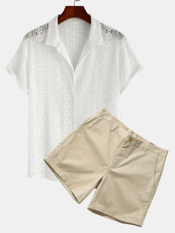 Geometry Textured Cuban Shirt & 3" Chino Shorts sold by Hoooyi