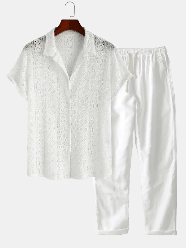 Geometry Textured Cuban Shirt & Straight Leg Linen Pants sold by Hoooyi