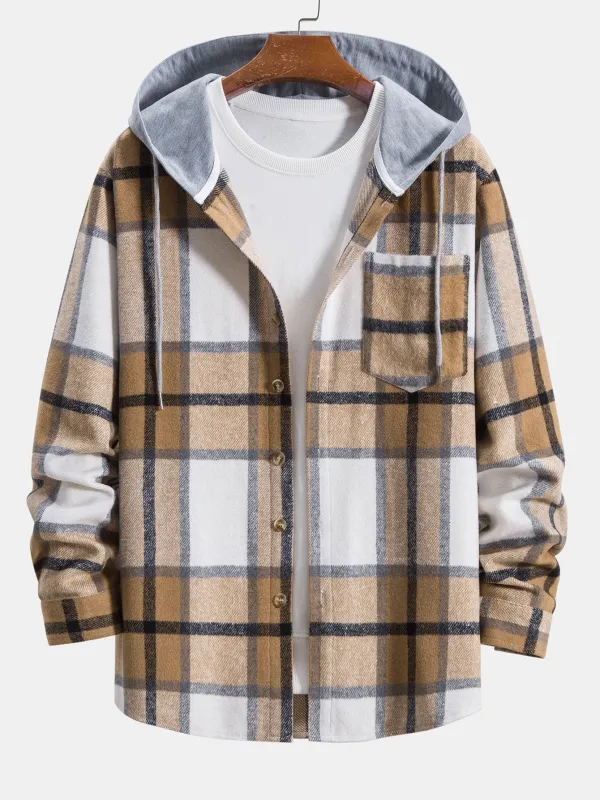 Contrast Flannel Plaid Hooded Overshirt made by Hoooyi