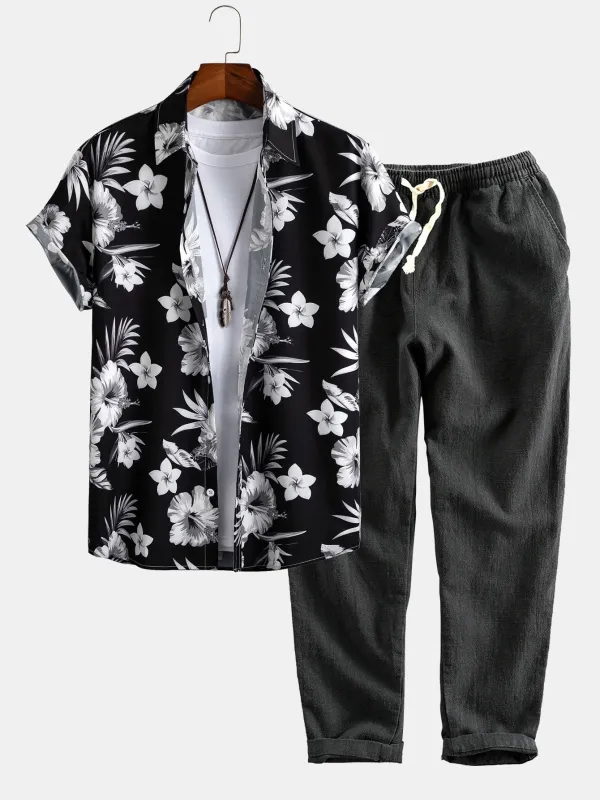 Tropical Floral Print Button Up Shirt & Linen Cotton Blend Cropped Pants sold by Hoooyi