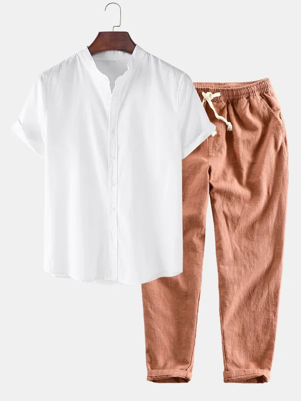 Linen Look Short Sleeve Stand Collar Shirt & Linen Cotton Blend Cropped Pants made by Hoooyi