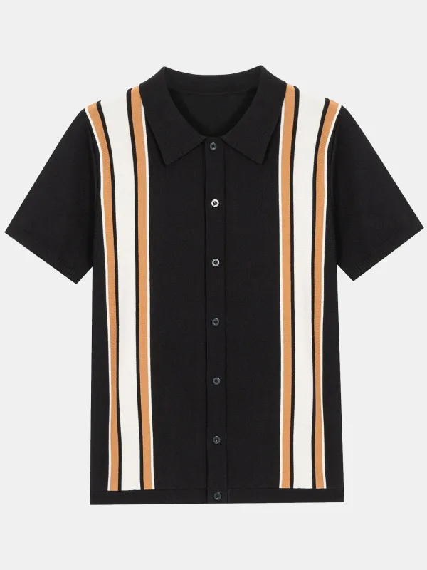 Short Sleeve Multi Stripe Button Up Sweater Polo sold by Hoooyi